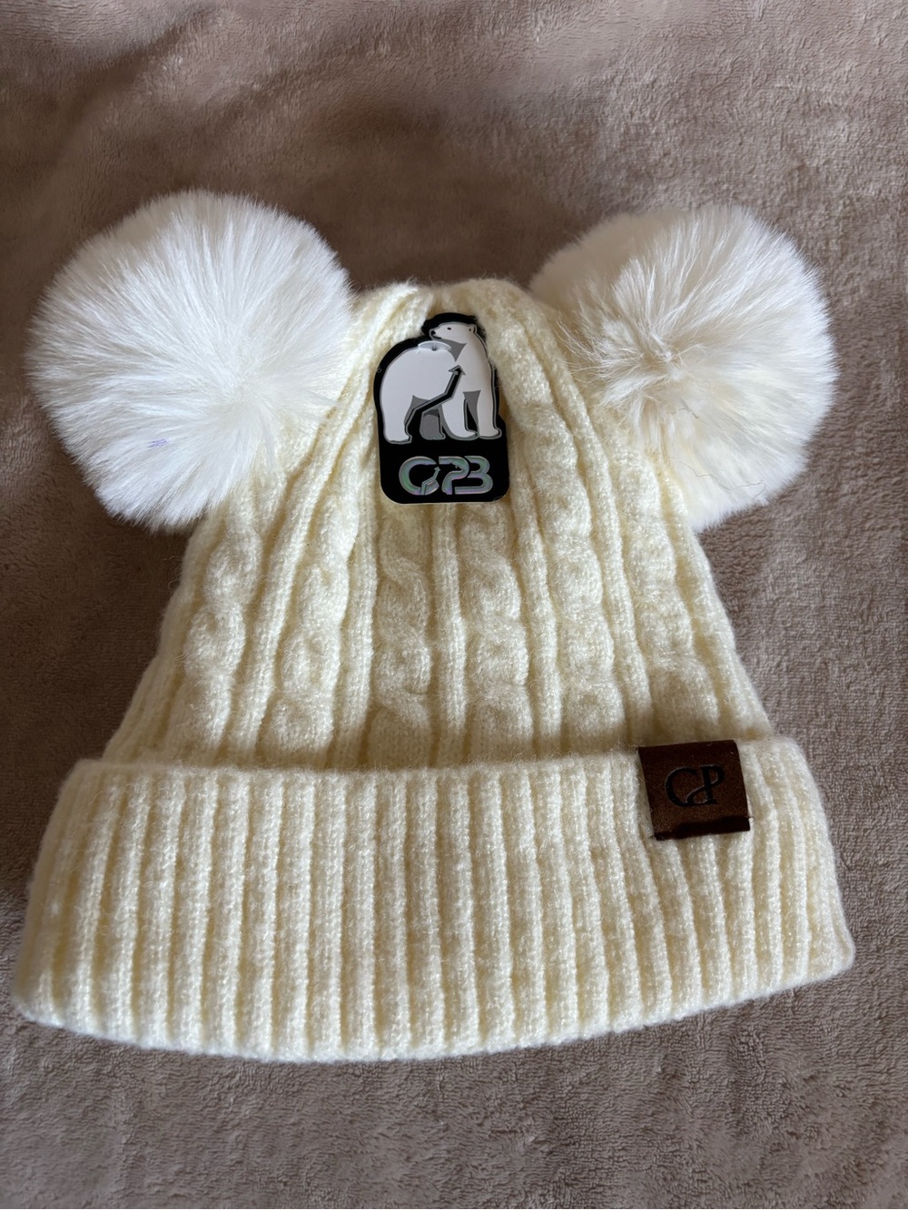 Cream Double Pom Pom Cable Knit Beanie New